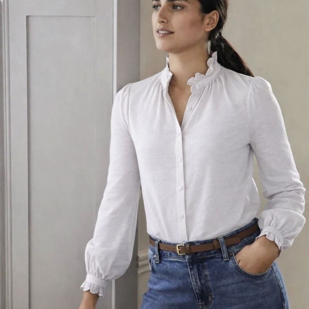 Boden Broderie Trim Jersey 100% Cotton Long Sleeve Button Shirt Sz 4P #778